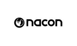 Nacon įmonės logotipas ant tamsios spalvos fono.